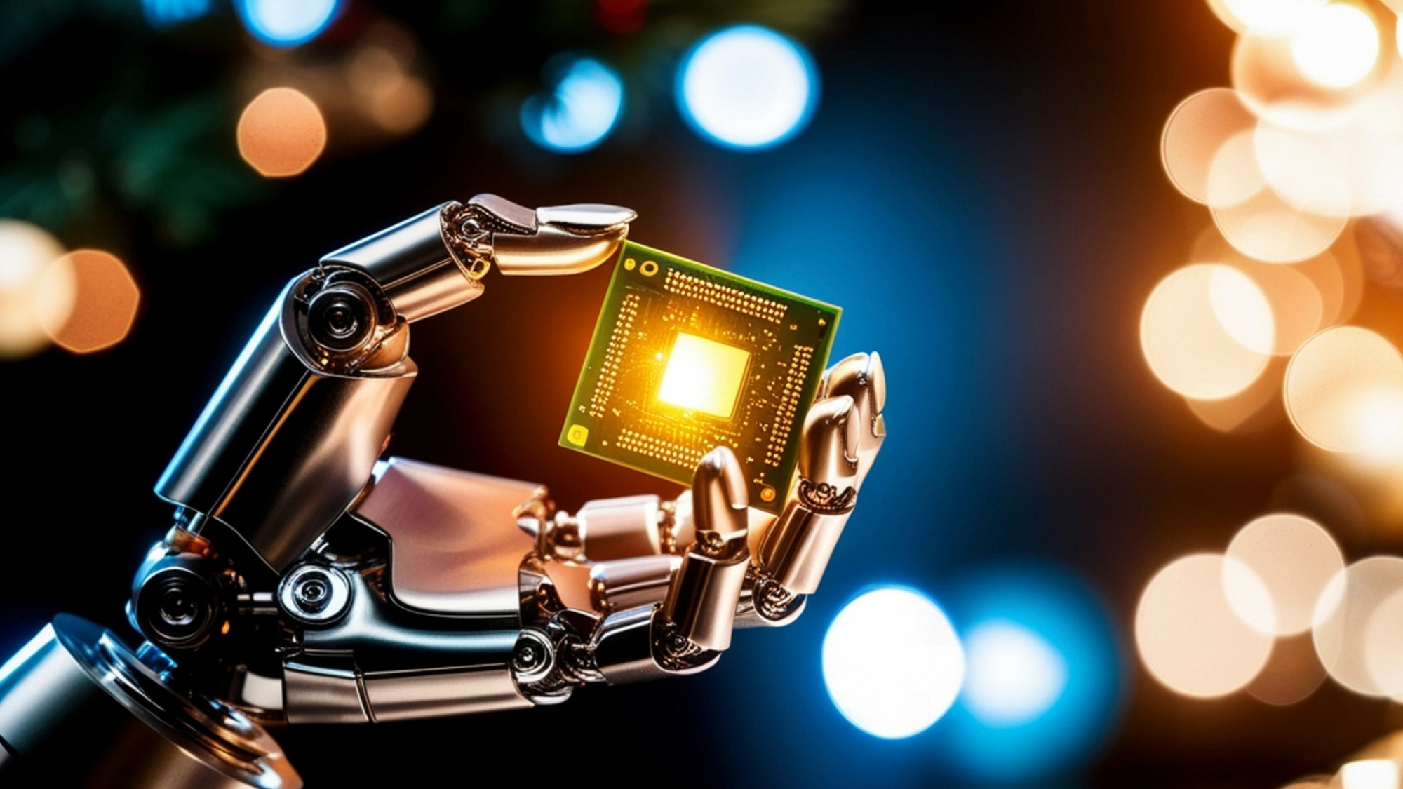 Robotic hand holding an AI chip